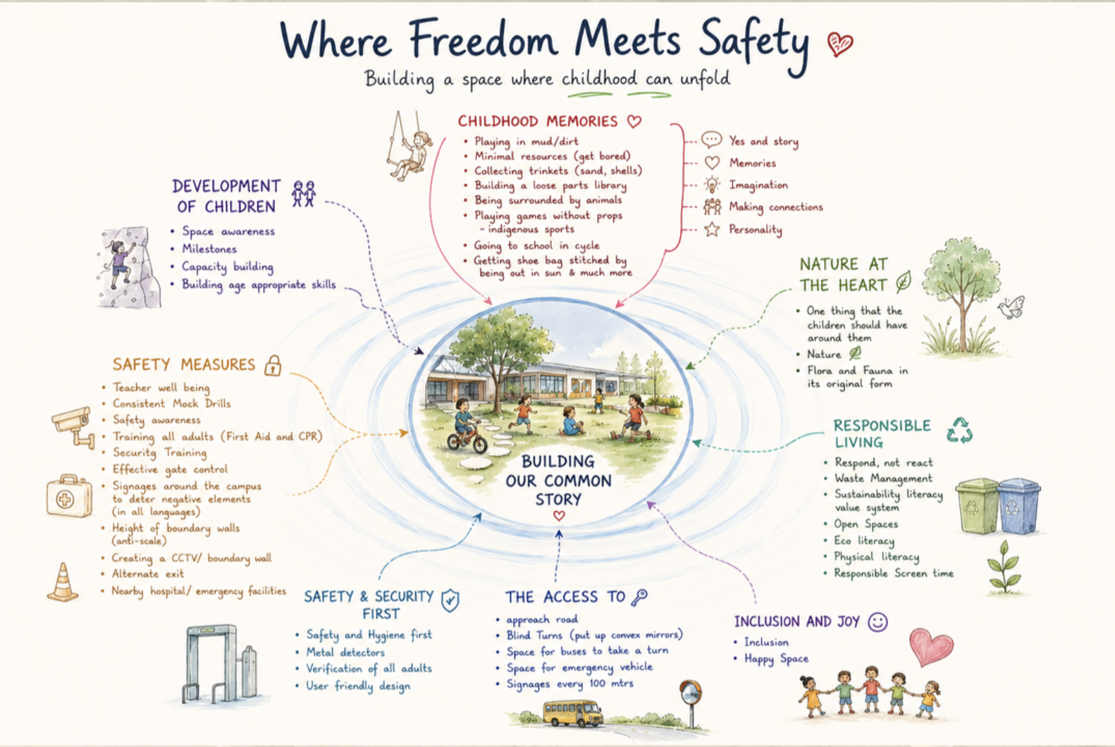 Illustrated map of the charrette conversation: childhood memories, nature at the heart, safety measures, access, inclusion and responsible living